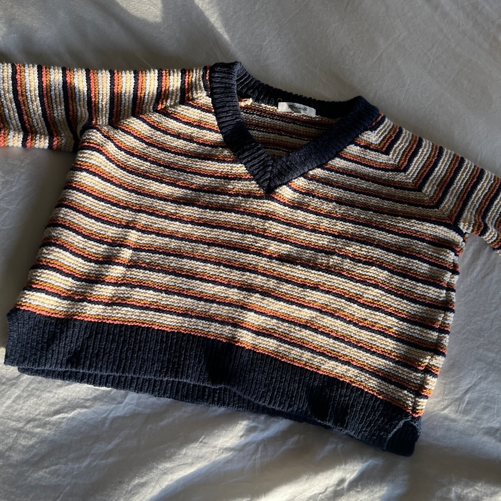 Madewell Size XXS fits an XXS & XS Women’s Striped V-Neck Sweater 100% Cotton